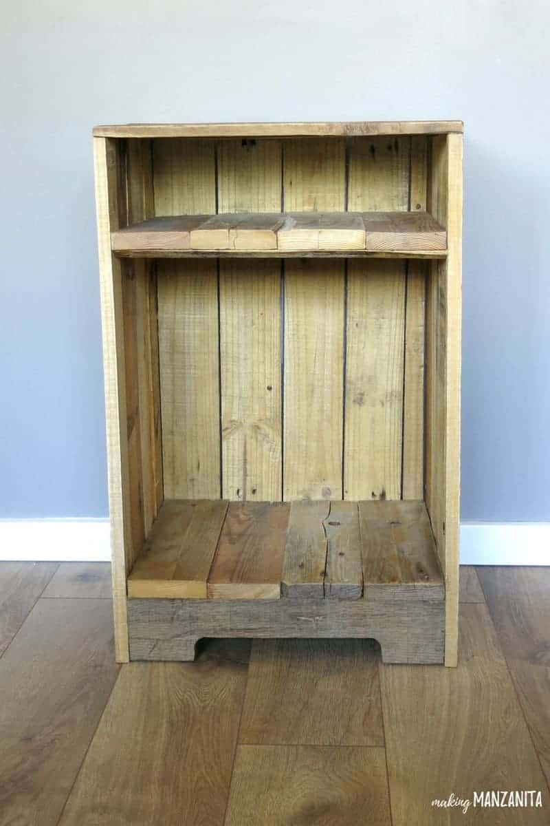 A rustic style bedroom side table made from upcycled pallet wood.