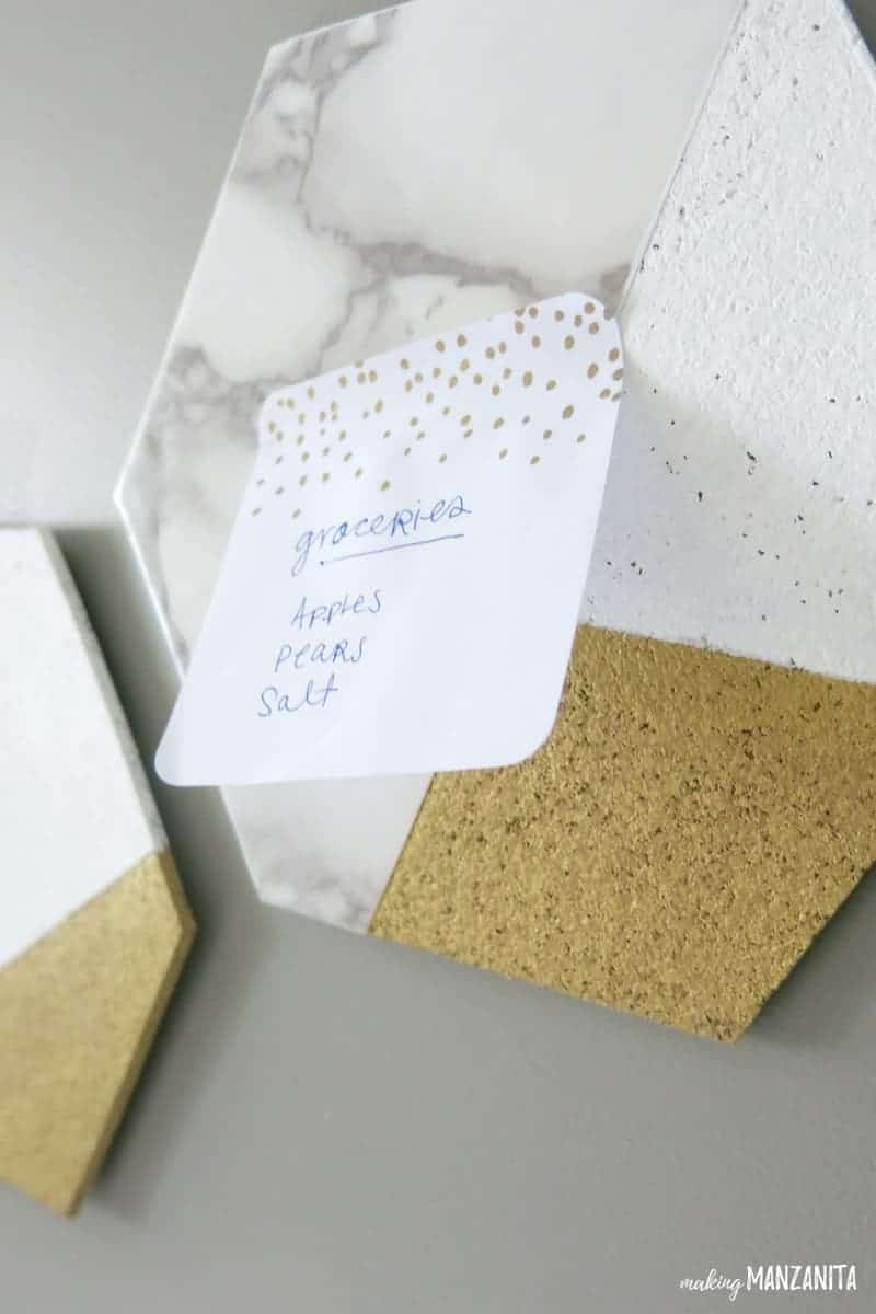 DIY hexagon cork board with post-it hung on the wall