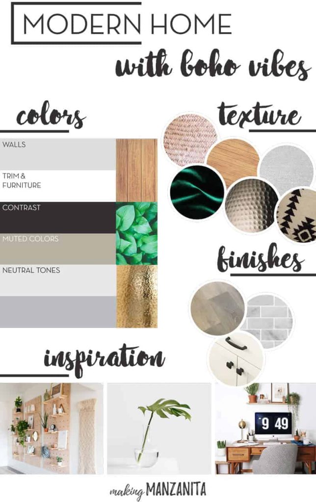 This interior design mood board is for a modern boho inspired home and includes samples of colors, textures, finishes, and decor inspiration.