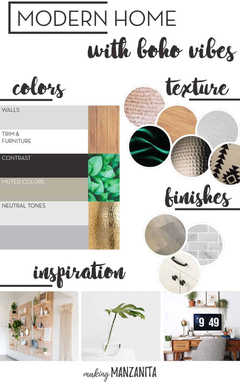 Modern Boho Home Mood Board - Boho Home Decor Ideas - How To Decorate In Modern Boho Style - I love this modern home with boho vibes and pops of green and gold - Black and white home with boho style