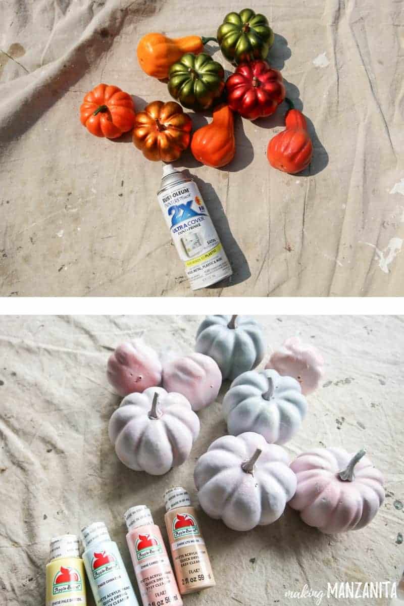 Top photo shows bright orange and metallic mini pumpkins and gourds laying on a drop cloth next to a bottle of white spray paint and bottom picture shows pumpkins painted with pastel colors laying next to acrylic craft paint