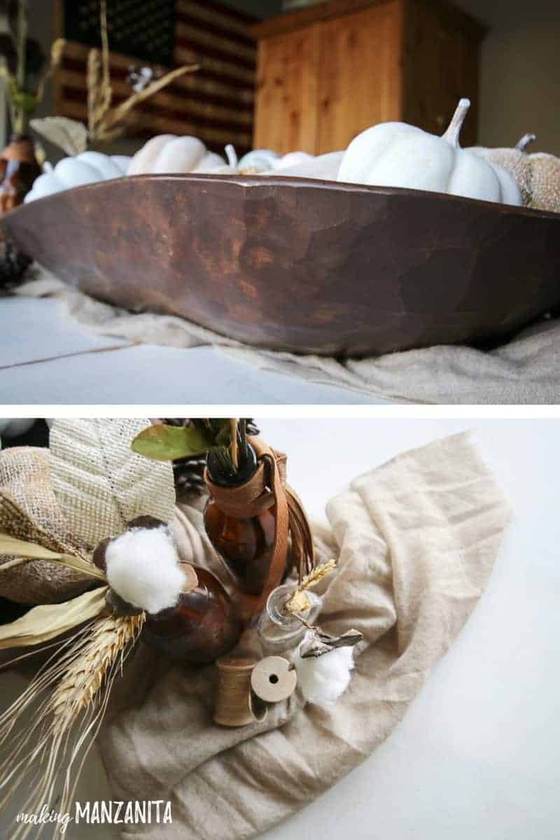 Top photo shows detail on the edge of hand carved wooden dough bowl and bottom picture shows an overhead shot of farmhouse fall table decor