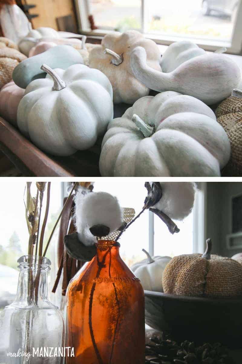 Top picture shows details of white painted mini pumpkins and bottom picture shows side view of amber vintage bottles with light shining through them and they are full of DIY cotton stems