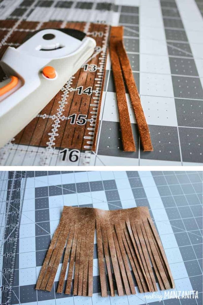 Creating tassels by cutting strips in a square of leather to make a leather tassel keychain