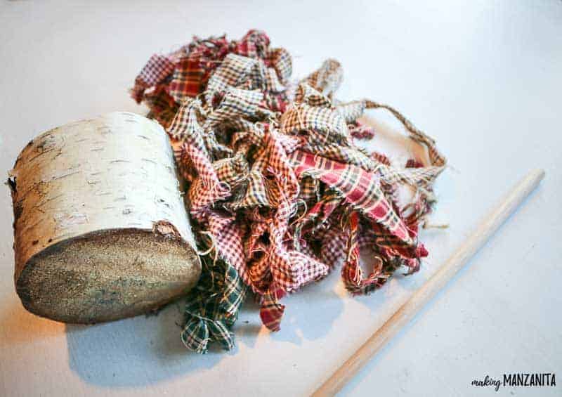 Birch log and homespun fabrics, supplies for the fabric christmas tree
