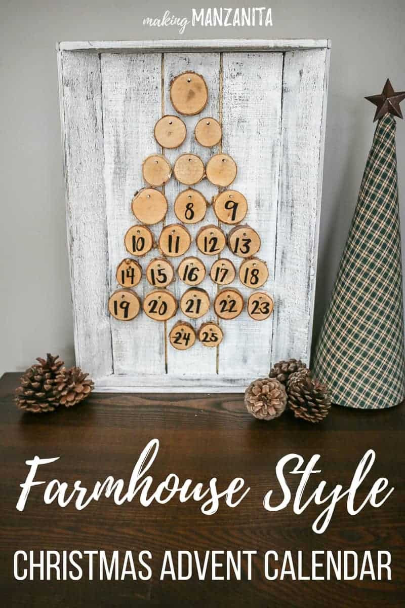 Walnut hollow birch wood rounds nailed to the farmhouse painted wood tray for the Christmas advent countdown calendar with text overlay that says Farmhouse Style Christmas advent calendar