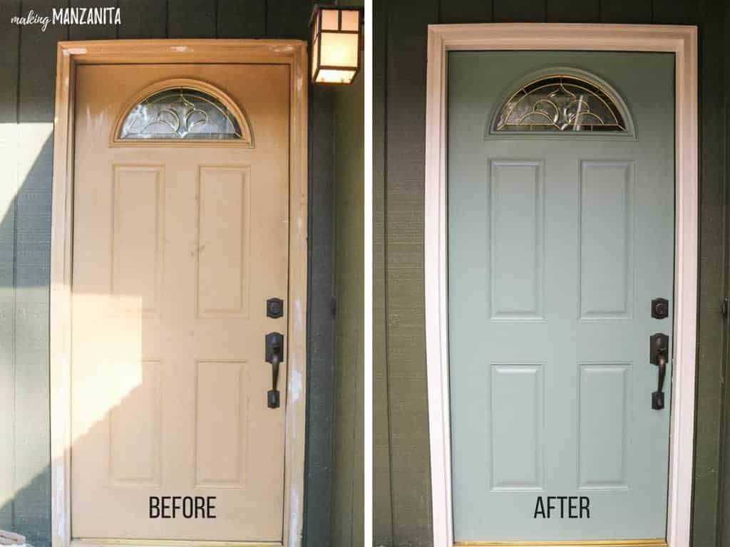 A side-by-side before and after photo showing a painted front door. The photo on the left shows a grungy, tan front door. The photo on the right shows a newly painted front door with lint green paint and white door frame.