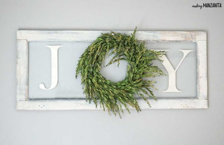 DIY Joy Sign With Wreath On Vintage Window