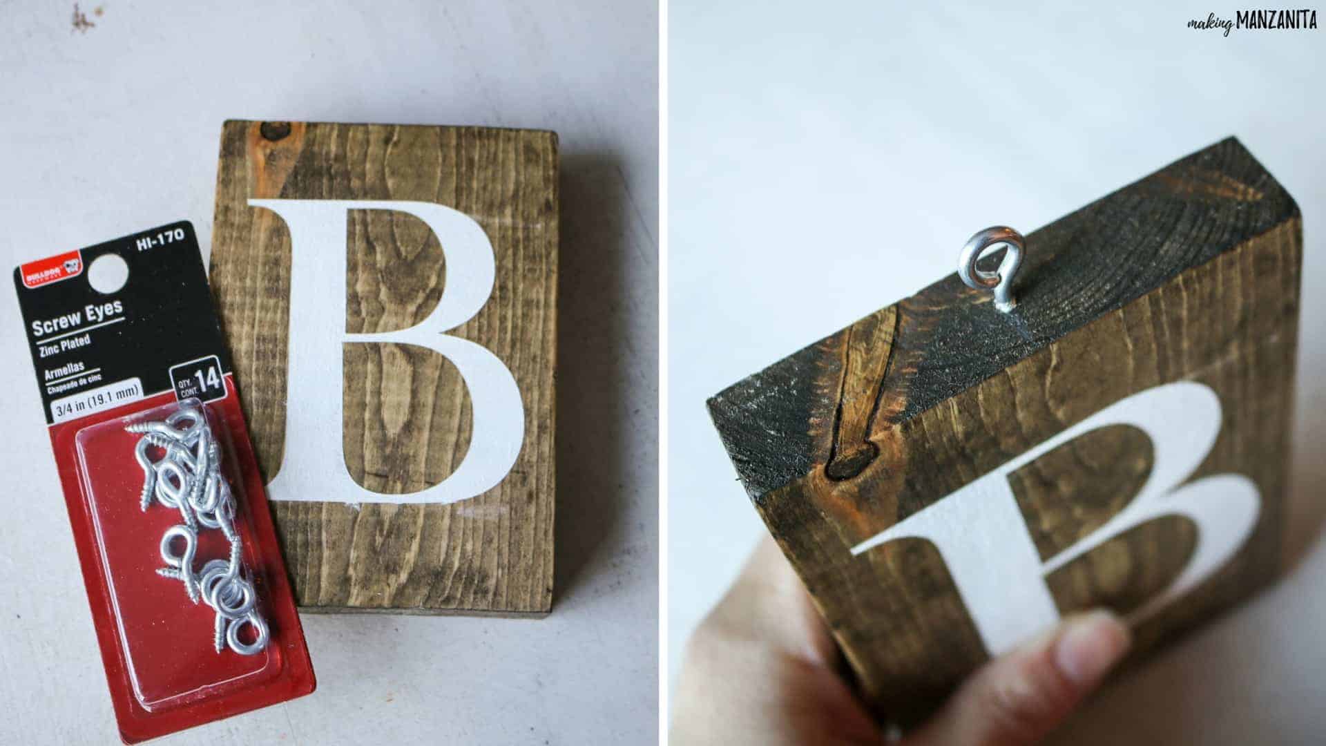 Attach screw eyes to the top of the wooden blocks to hang them from the spindle