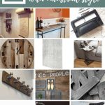 Collage of wall mount kraft dispenser, barn wood sofa table, vintage drawer pulls, rustic clock, concrete removal wallpaper, industrial side table, coat rack, galvanized metal basket, metal letters, concrete planter, table lamp, iron caster wheels with text overlay that says 12 Decor Ideas with Industrial Style