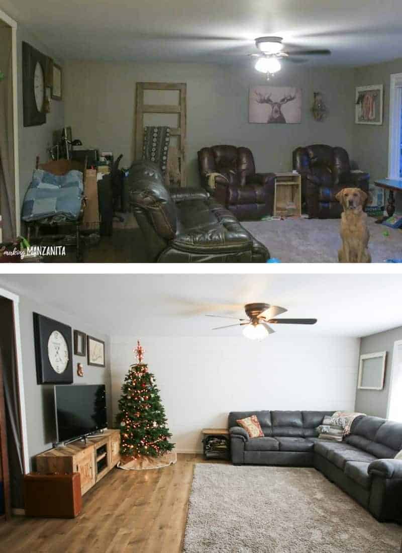 Two stacked images show the before and after of a living room renovation. The top image is a cluttered living room that dark and full of furniture and decor. The bottom image features a bright living room with hardwood floors, a sectional couch, and simple Christmas decorations.