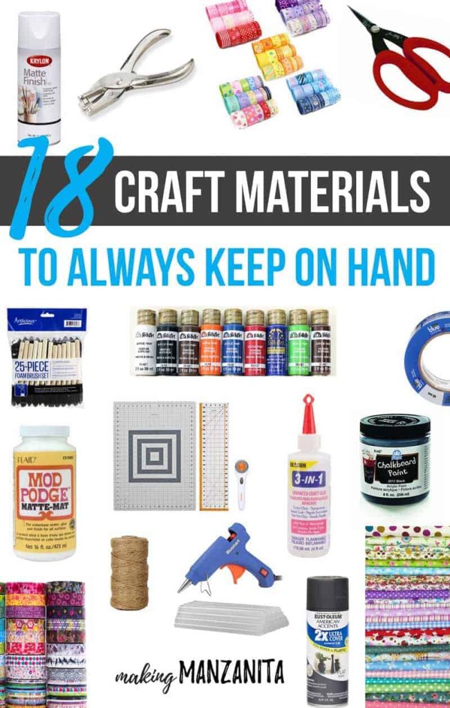 Building out a good stock of craft supplies can be overwhelming. If you're wondering what you should always keep on hand for crafting, you're in luck. Today I'm sharing a list of 18 must have craft materials that are versatile and affordable for DIY projects and linking to tons of creative and fun tutorials for inspiration!