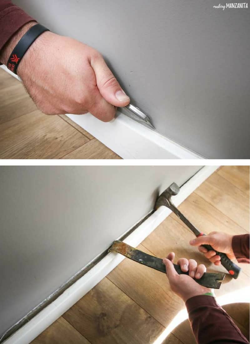 tall image split horizontally into two images, top image shows using a box cutter to start removing a baseboard, top image demonstrates a crowbar and hammer removing a baseboard