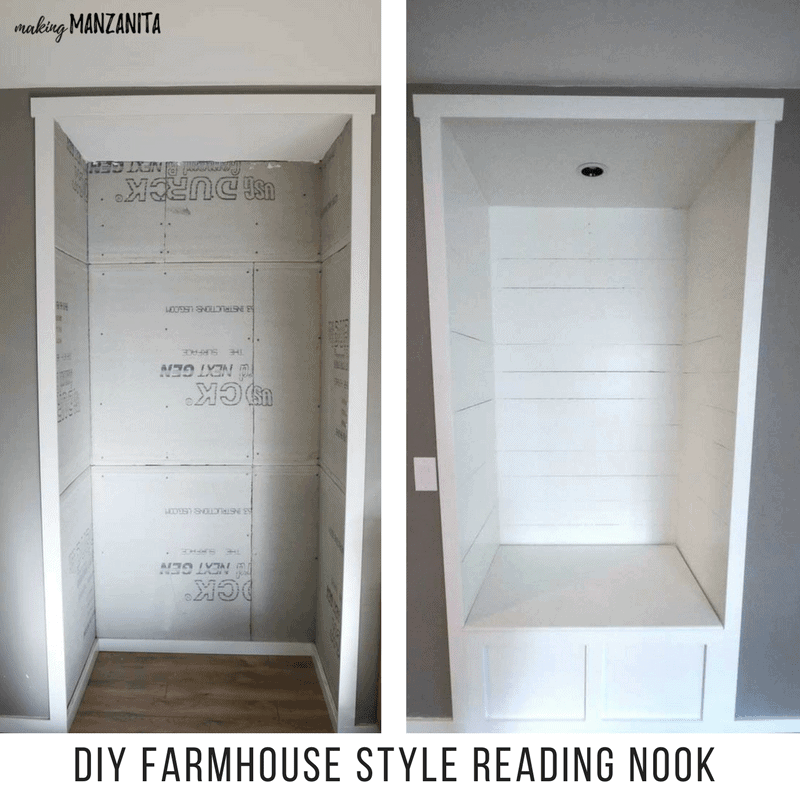 Side by side photos of a transformed empty alcove into a farmhouse style reading nook with shiplap walls.