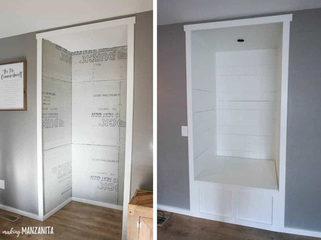 Side by side before and after photos showing our empty living room alcove, and our completed farmhouse style reading nook with white shiplap walls and a cozy bench.