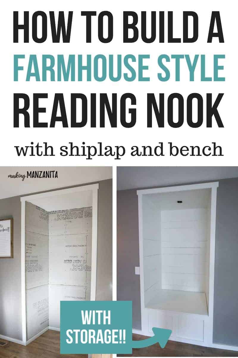 Before and after: how to turn an empty alcove into a living room reading nook with shiplap walls and bench.