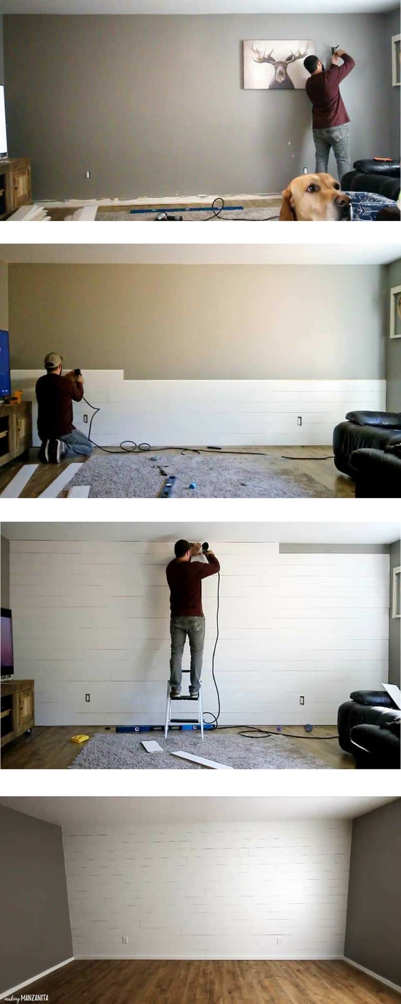 a tall image divided into 4 sections vertically, top showing the process of removing items from a wall in preparation, second from the top showing a shiplap wall halfway installed, second from the bottom showing a mostly finished shiplap wall getting the top row installed, bottom showing the finished shiplap wall