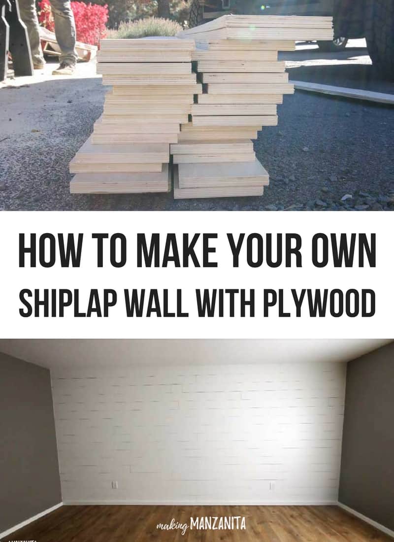 a tall image with two smaller photos, one of a pile of cut wooden boards, one with a finished plywood shiplap wall ...with a text overlay between the images that says... how to make your own shiplap wall with plywood