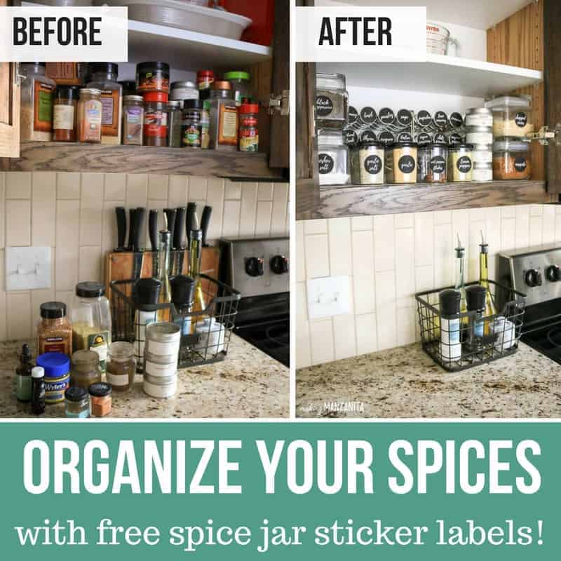 How to organize your spices! Before and after photos of spice cabinet organization using convenient jars, storage containers, and customizable spice jar label stickers.