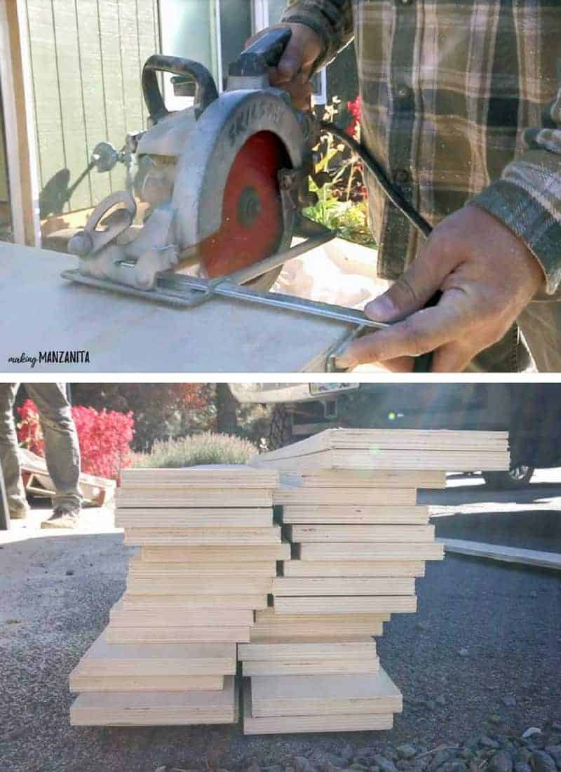 a split photo with two different images in it separated by a white line, the top is a shot of a man using a handheld circular saw to cut wood, bottom is a shot of a stack of freshly cut wood panels