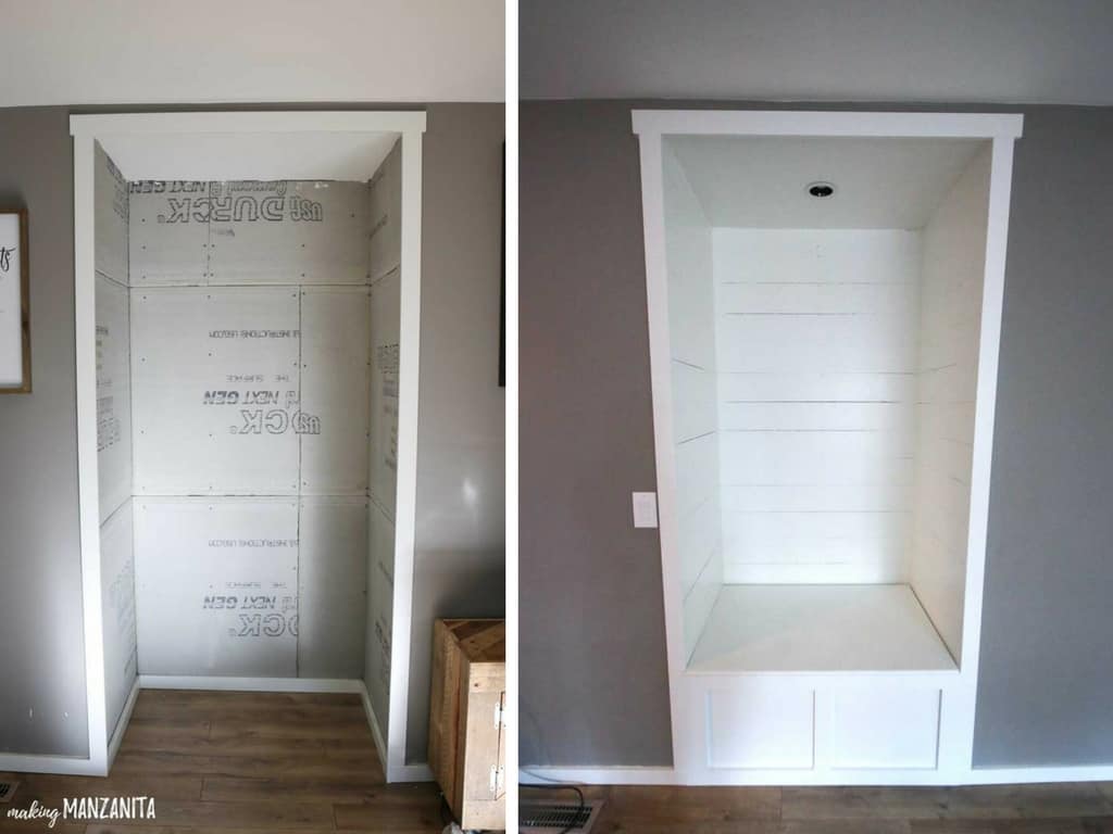 Side by side before and after photos of the empty living room alcove and completed reading nook with white shiplap walls and built-in reading bench.