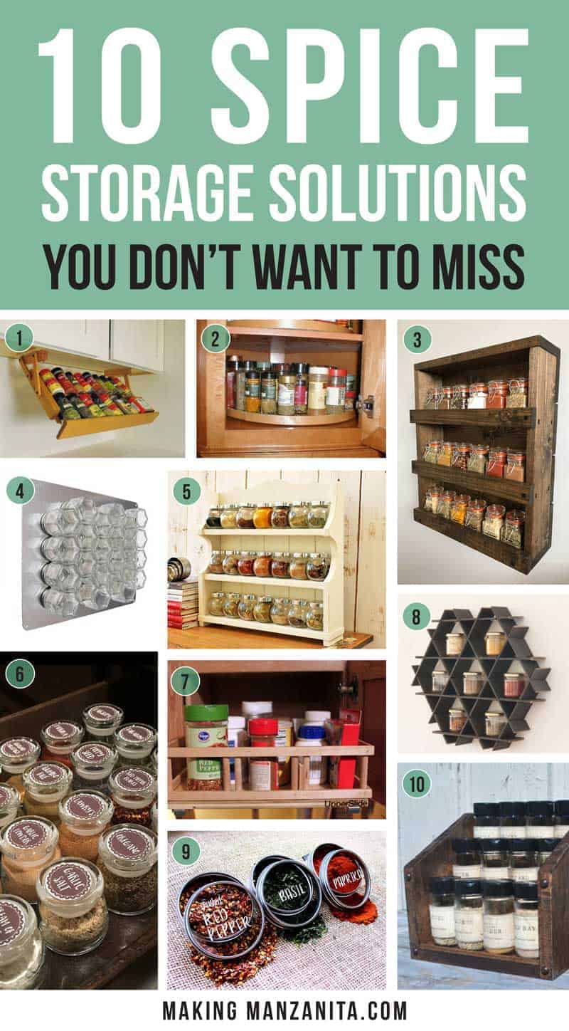 10 Spice Storage Solutions You Don't Want to Miss | Creative ways to organize your spices in your kitchen | Love all of these simple spice organization ideas! | Under cabinet spice rack, lazy susan, wall mount spice rack, magnetic spice rack with hexagon glass jars, farmhouse style wood spice rack, modern geometric spice storage for wall, chalkboard spice sticker labels, sliding cabinet caddy, magnetic spice tins with labels