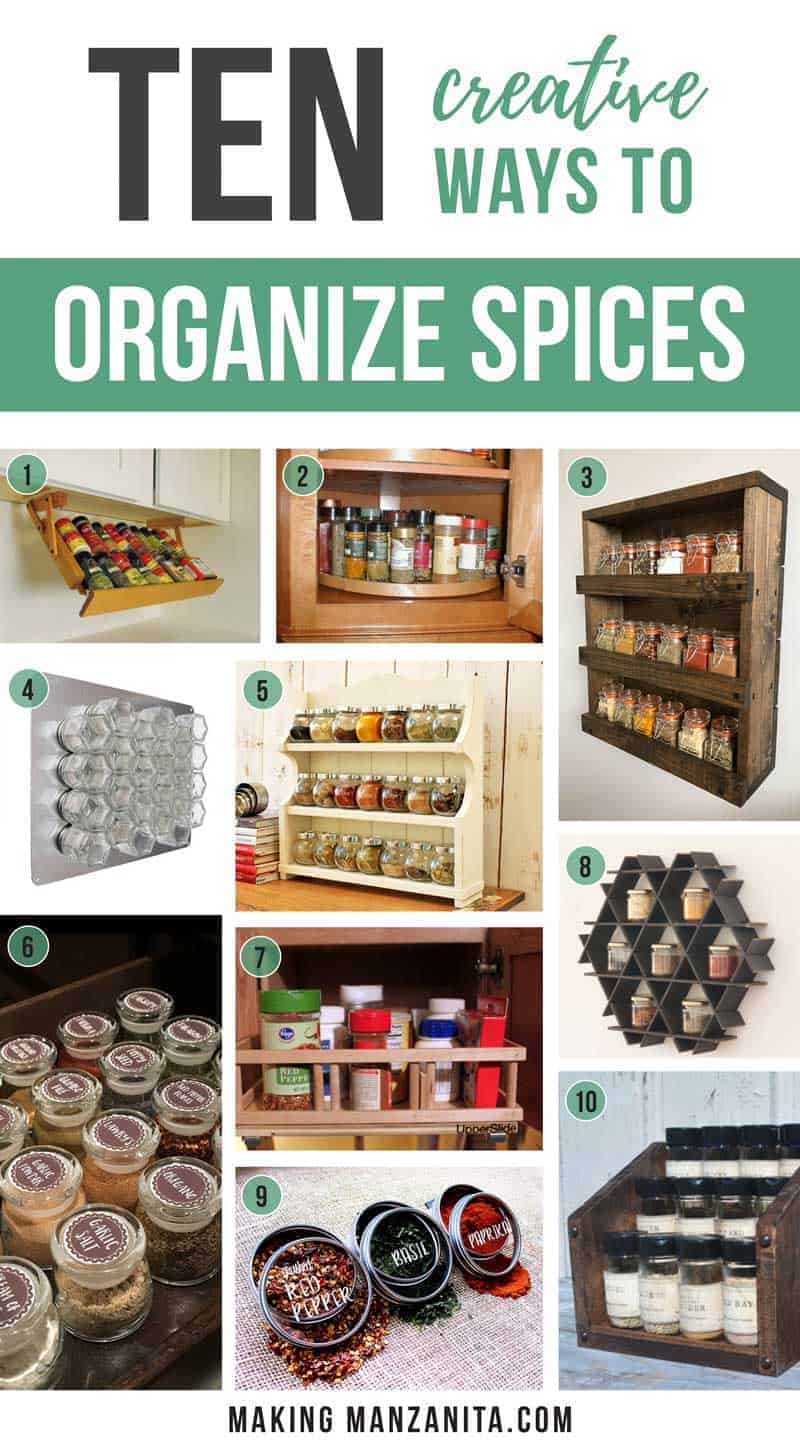 It's time to get your spices organized!! Organizing your spices can make a big difference in your kitchen. Bring a little efficiency and convenience to your kitchen with these 10 spice storage solutions you don't want to miss! 10 Creative Ways To Organize Spices | Spice Organization Ideas | Containers and spice racks for your pantry, countertop, walls or spice cabinets