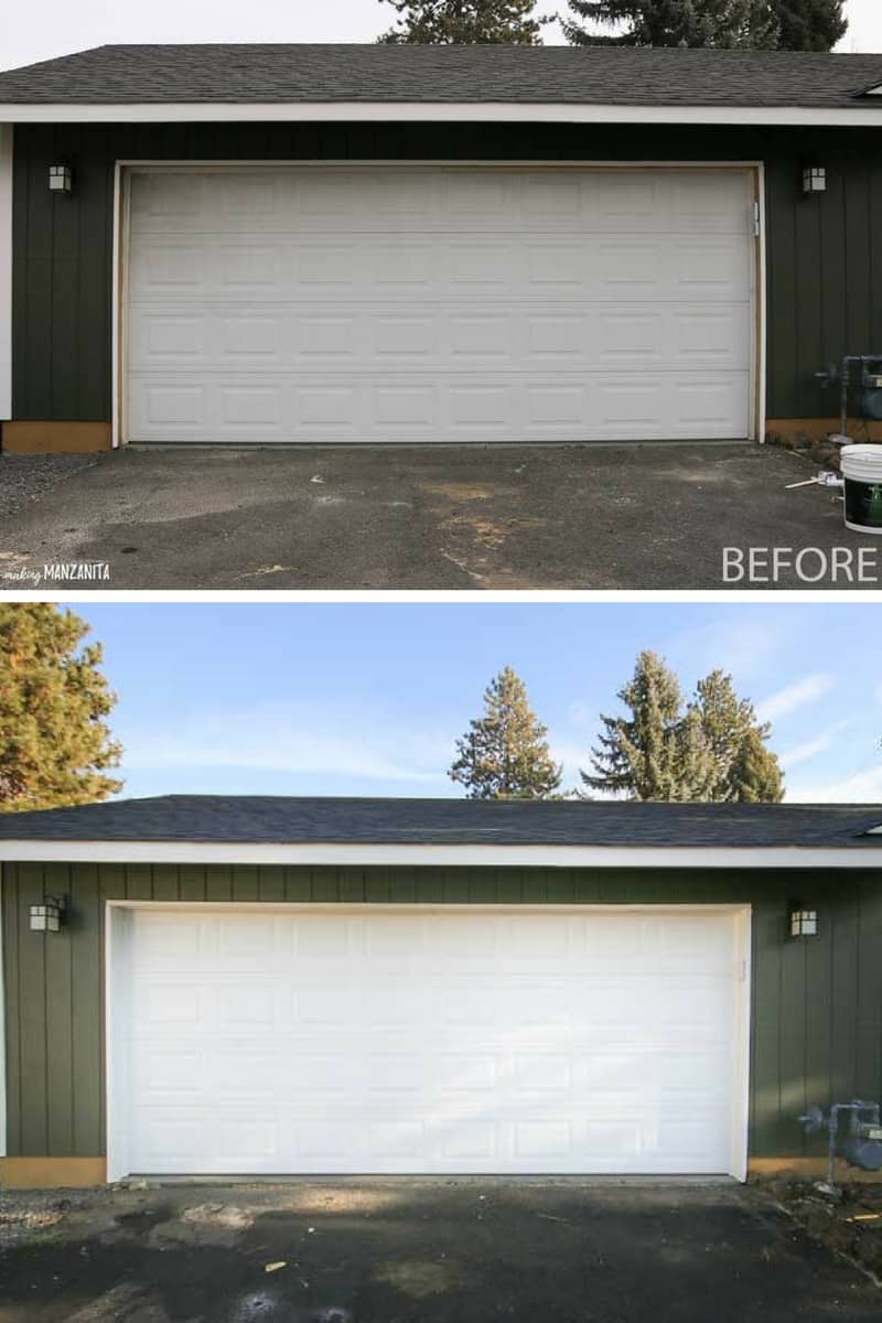 A pair of photos showing the before and after of painting a garage door.