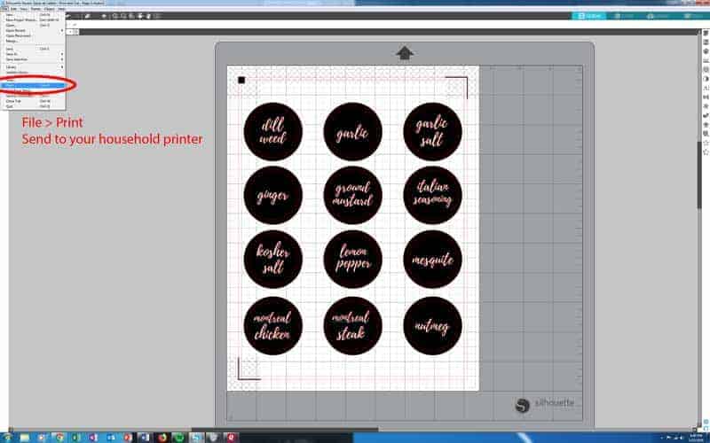 A screenshot showing Silhouette Studio with the spice jar label template, and a drop down menu showing how to print the stickers. 