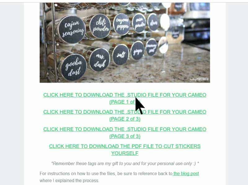 A screenshot of spice jar sticker label download links from an exclusive email; use these spice jar stickers to easily organize your spice cabinet.