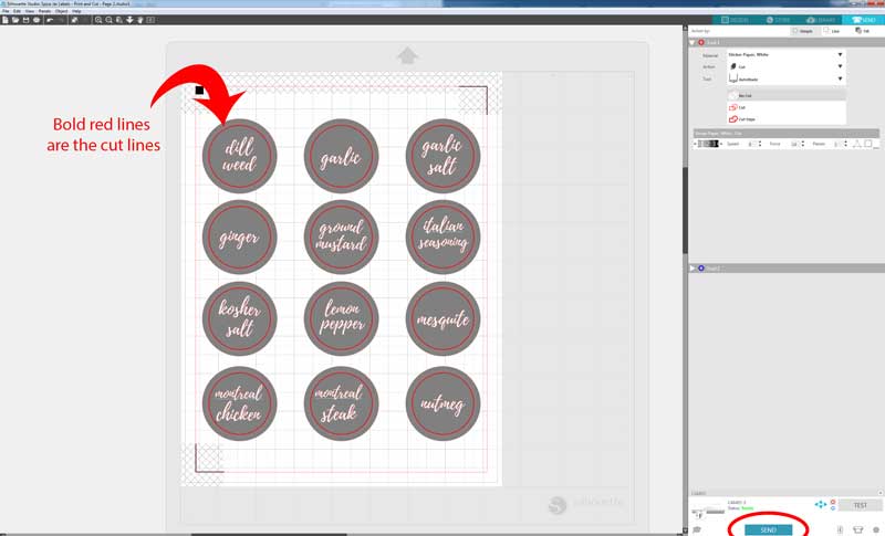 A screenshot of Silhouette Studio, the spice jar label templates in the editing grid, and a bold red arrow pointing to the red bolded cut lines on the sticker templates.