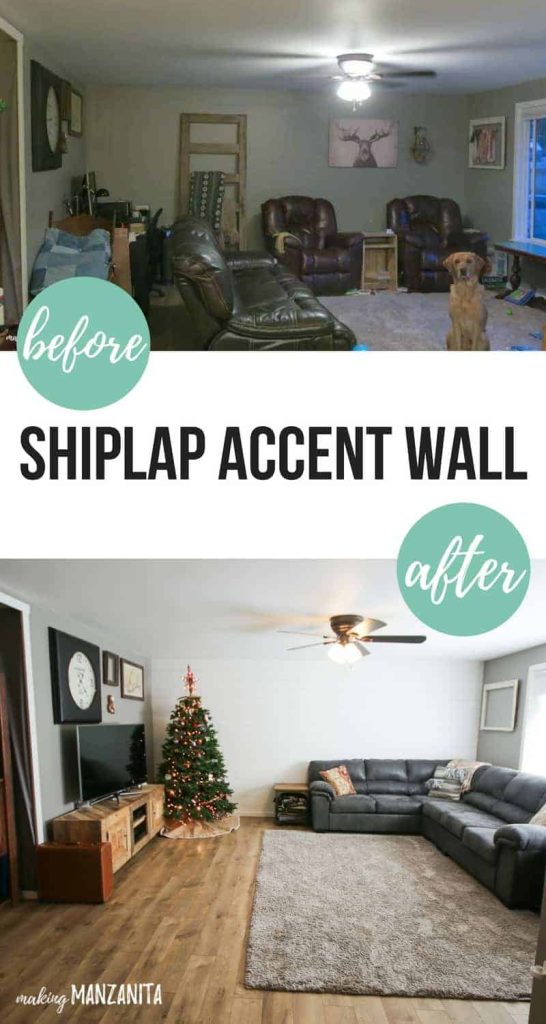 Before and after photo set showing a living room with a shiplap accent wall.