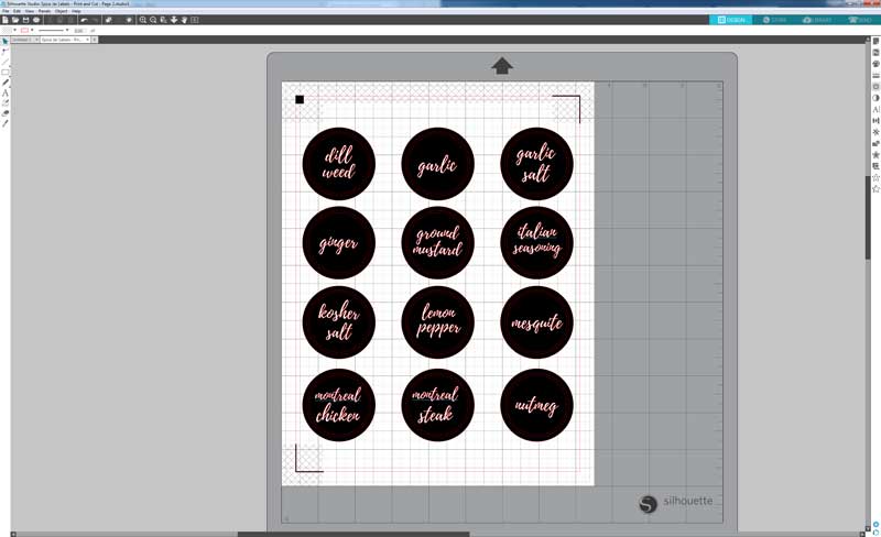 A screenshot showing the spice jar sticker labels on the editing screen of Silhouette Studio.