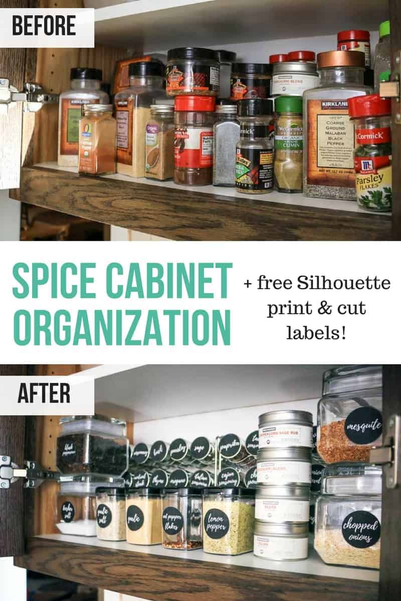 Looking for spice cabinet organization tips? Here's a look at the before and after of our spice cabinet organization project, and how we organized our spice cabinet with printable spice jar sticker labels.