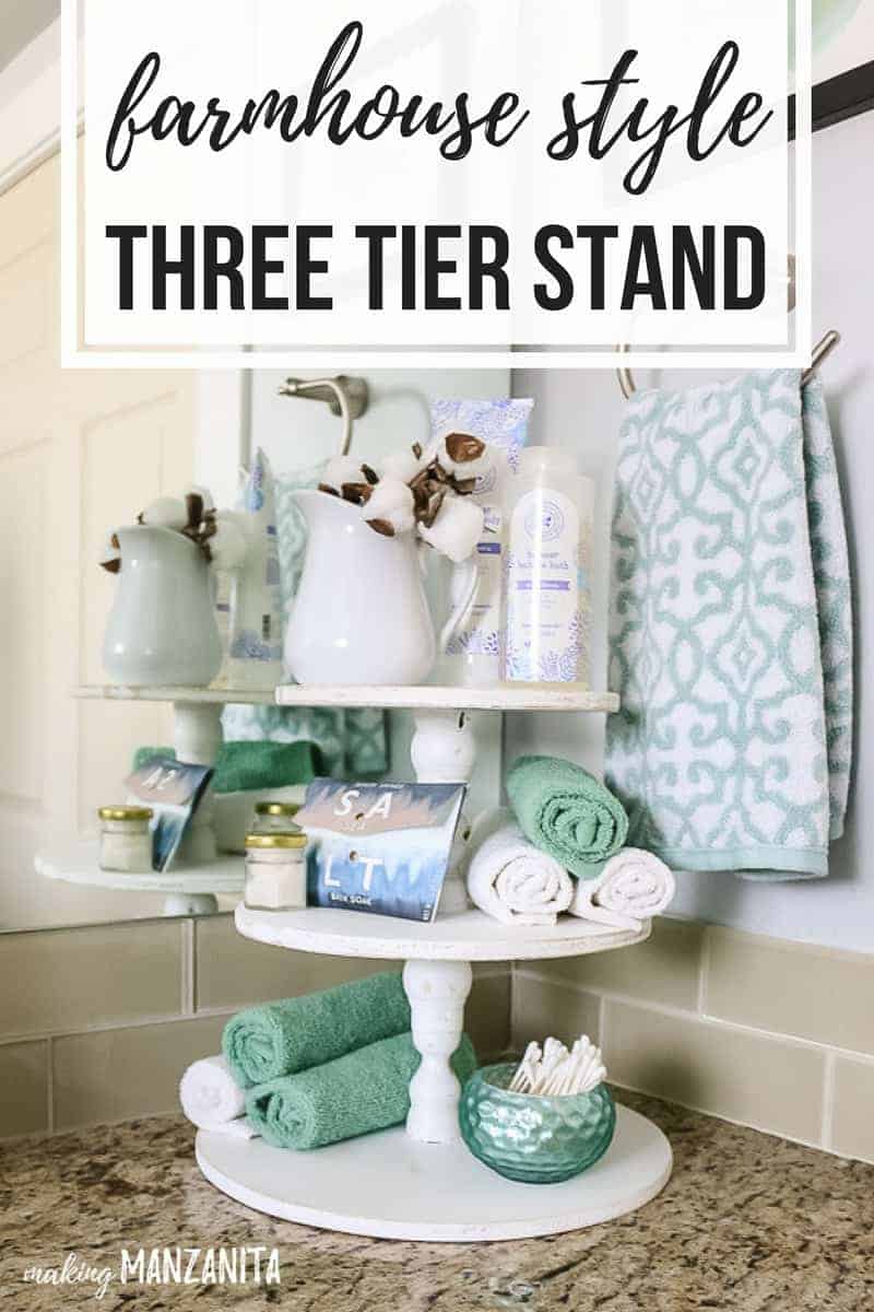 How to make a vintage farmhouse style three tier stand for stylish bathroom storage.