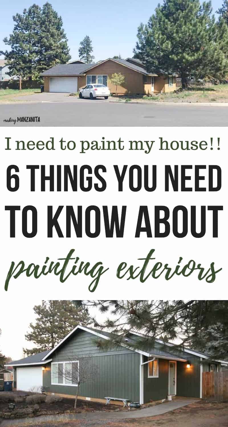 A pair of photos shows the before and after pf painting a home exterior - the top photo shows a tan ranch home surrounded by trees; the bottom photo shows a dark green painted home. Text overlay reads 