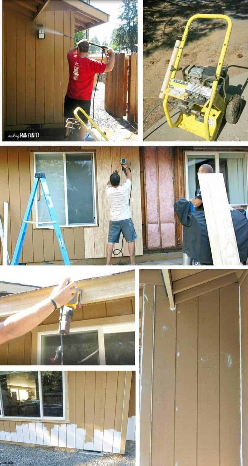 A photo collage showing the prep work needed to paint a house exterior including pressure washing, fixing panneling, sanding, and filling nail holes