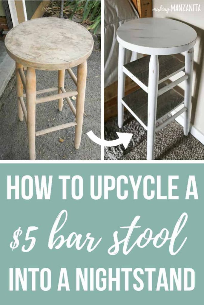 How to upcycled a wood barstool into a convenient bedside table! Follow this tutorial for easy steps to create an upcycled bedside night stand.