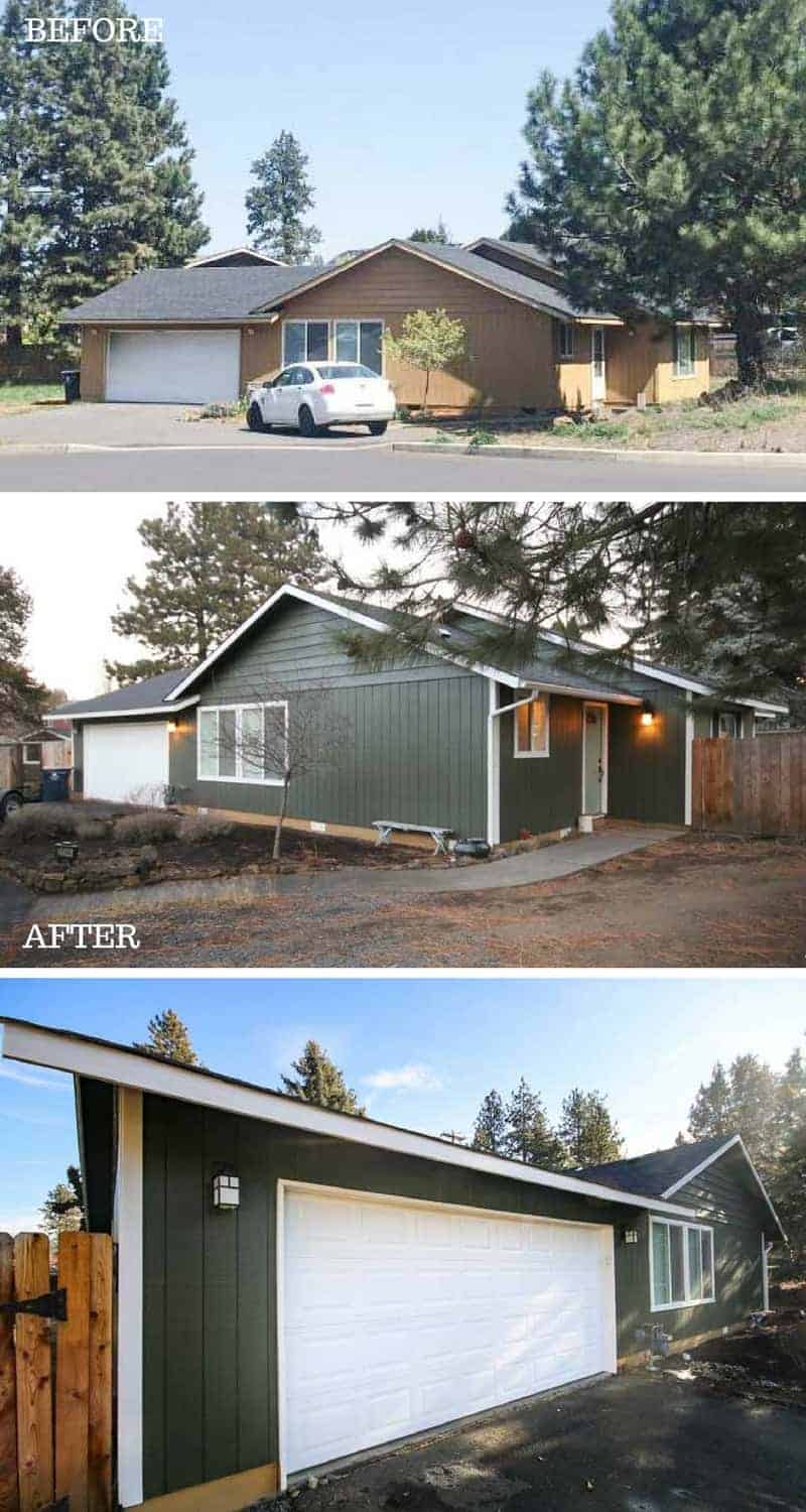 Before and after photos showing a ranch style home before and after painting the exterior. The top photo shows a home with a tan exterior; the middle photo shows a home with a charcoal gray exterior, and the bottom photo shows an attached garage with a white garage door and charcoal gray exterior paint.