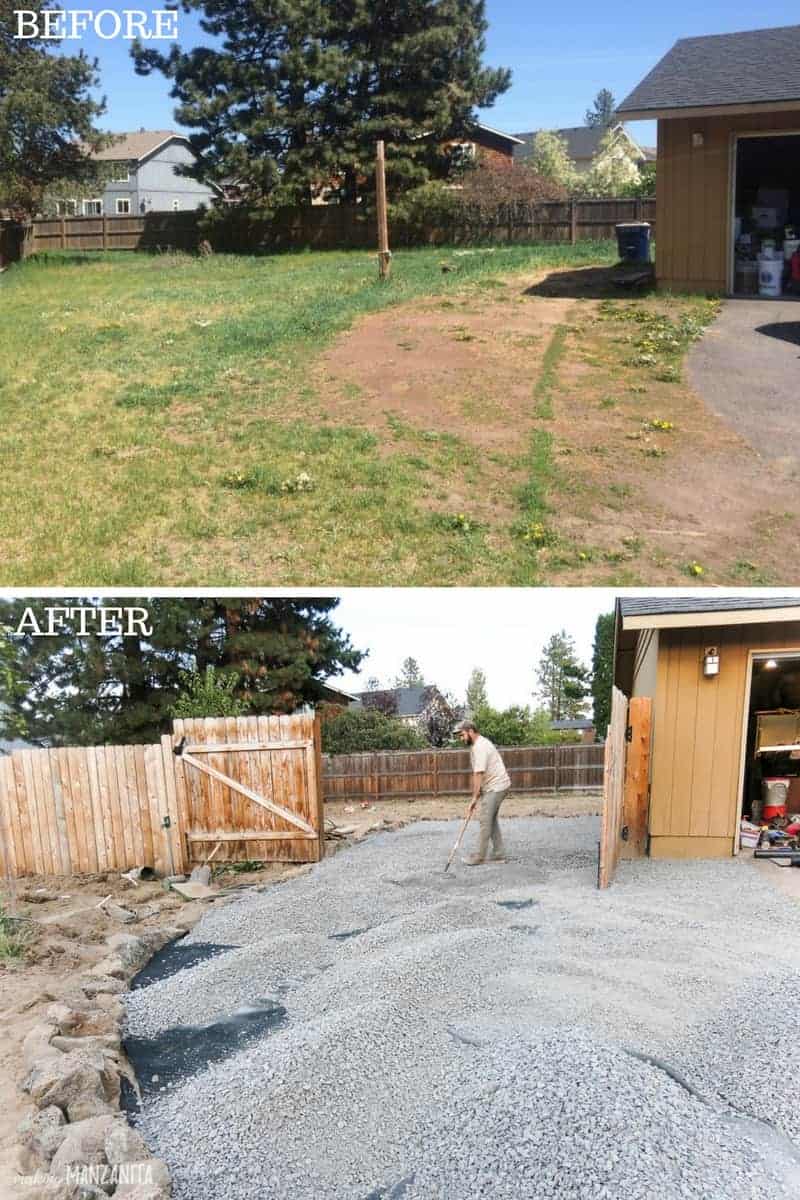 Before and after photo of side of house. Before photo shows weeds and no fence. After photo shows fence built with man spreading gravel to create a defined driveway on the side of the house.