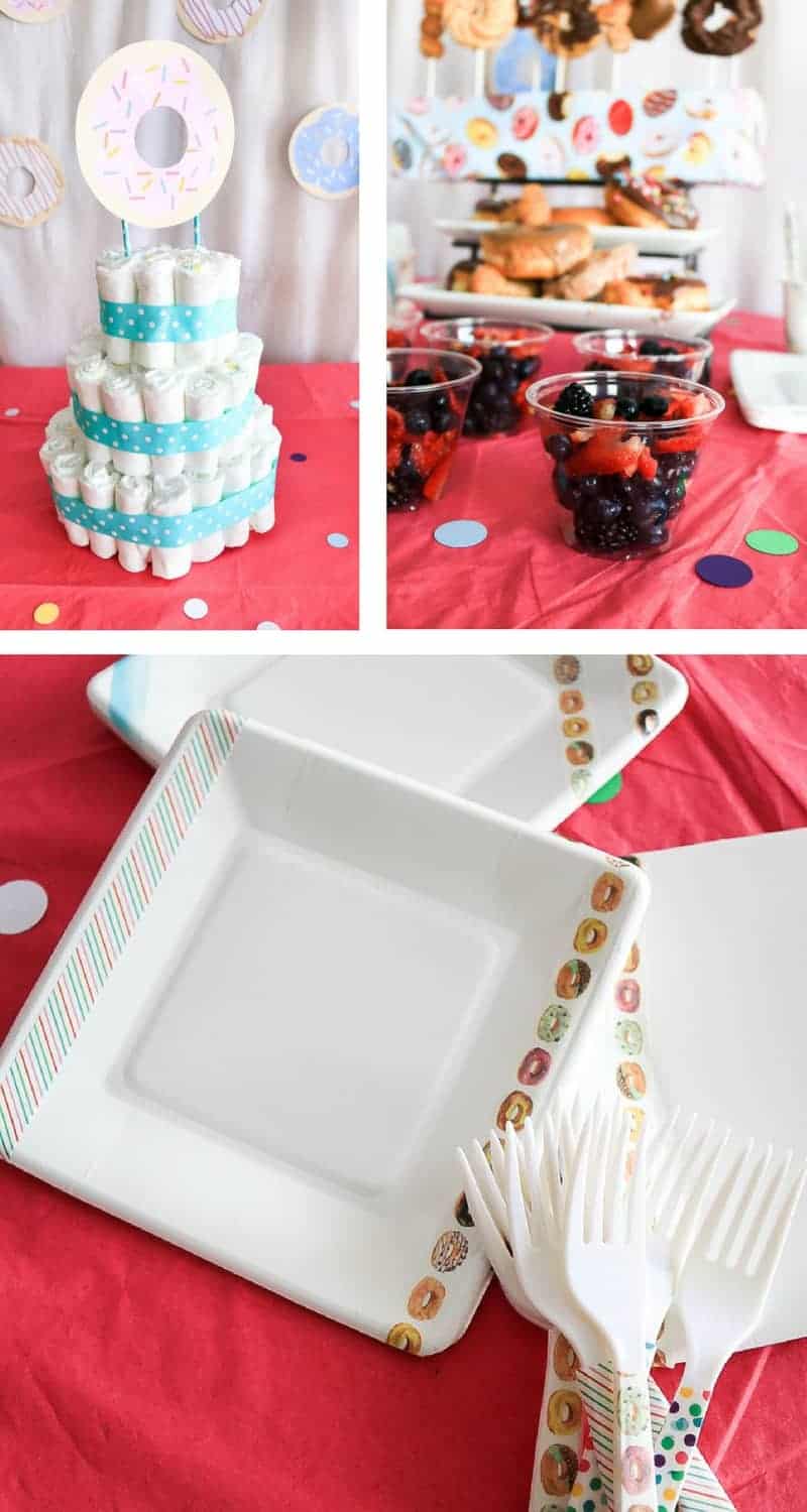 Photo collage with diaper cake photo, donuts and berries displayed on table and paper plates with colorful washi tape 