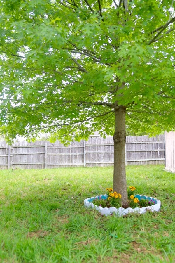 A tall tree stands in a green back yard. A small border garden is built using painted concrete stones with marigold flowers planted at the base of a tree.