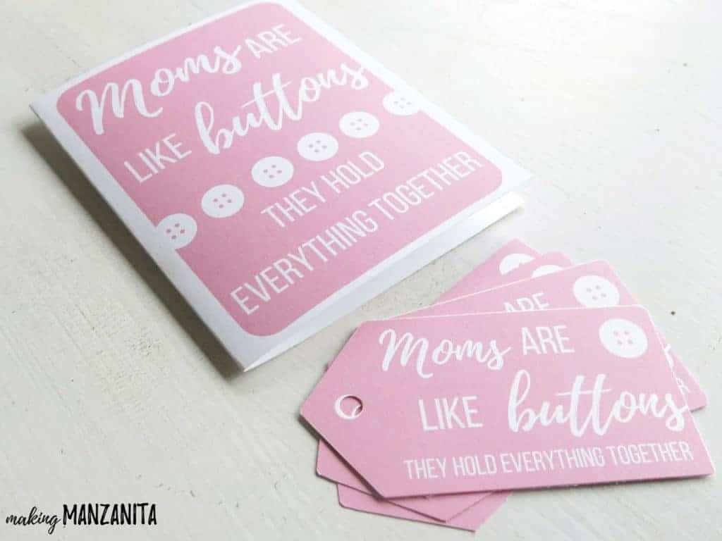 Printable Mother's Day card and gift tags, both pink with the same cute saying that reads 