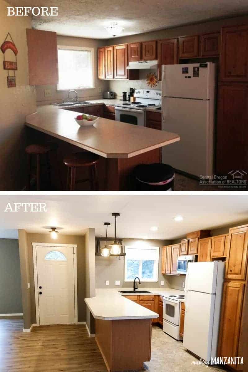 A collage of two images showing the before and after kitchen renovations. The top image is the dark old kitchen. The bottom image shows a brightly lit kitchen with newly painted walls, new light fixtures, and a small section of cabinets removed.
