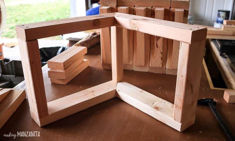 Interior framing for corner bench seating in kitchen