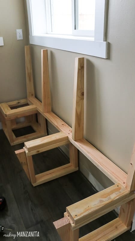 Interior framing for bench seating in breakfast nook built with 2x4s