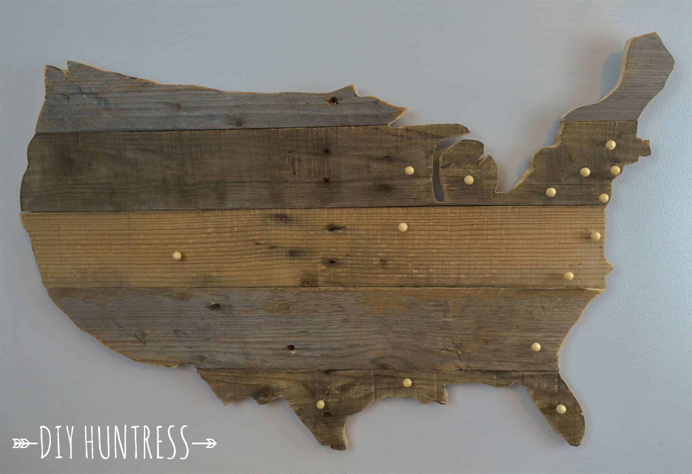 Map of the USA made from reclaimed wood pallets with pins 