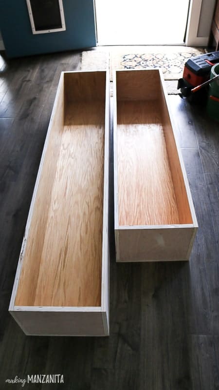 Plywood boxes for storage inside of dinette bench seating