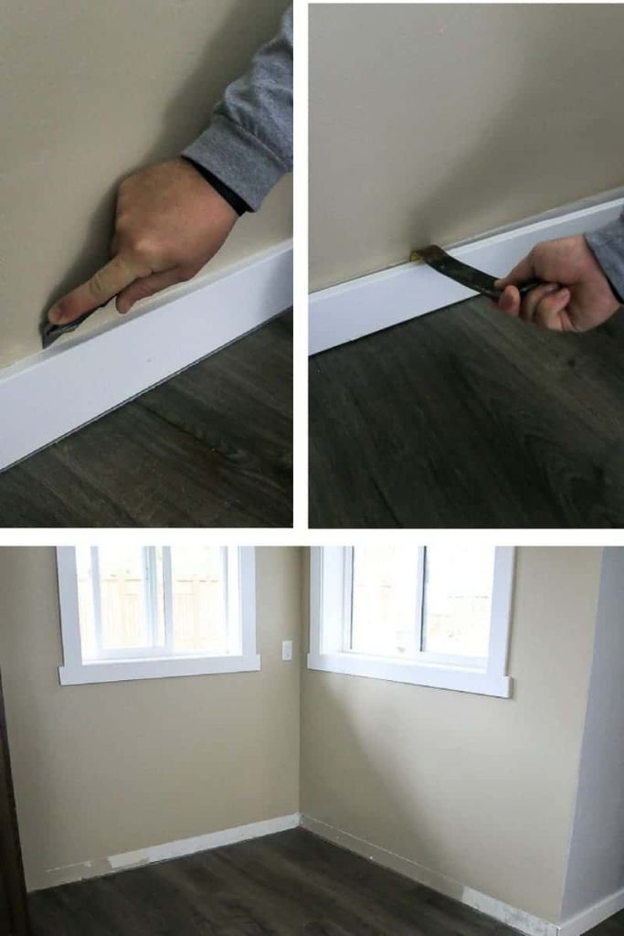 Photo collage showing how to remove baseboards in your breakfast nook before installing banquette bench seating