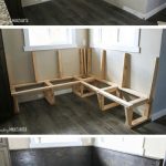 Series of three pictures showing before, during and after building a banquette bench in breakfast nook area of kitchen